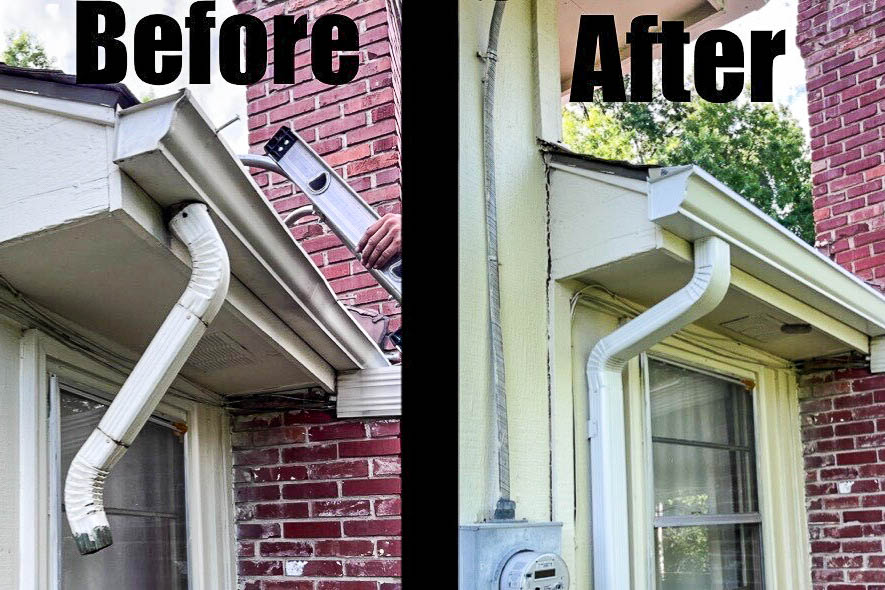 Before and after photo of gutter replacement showing improved alignment and new downspout installation.
