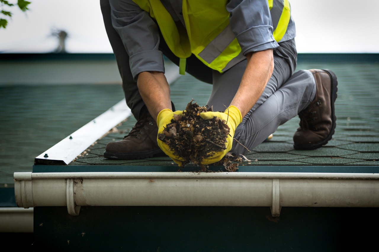 a man worker is cleaning a clogged roof gutter from dirt, debris and fallen leaves to prevent water and let rainwater drain properly 