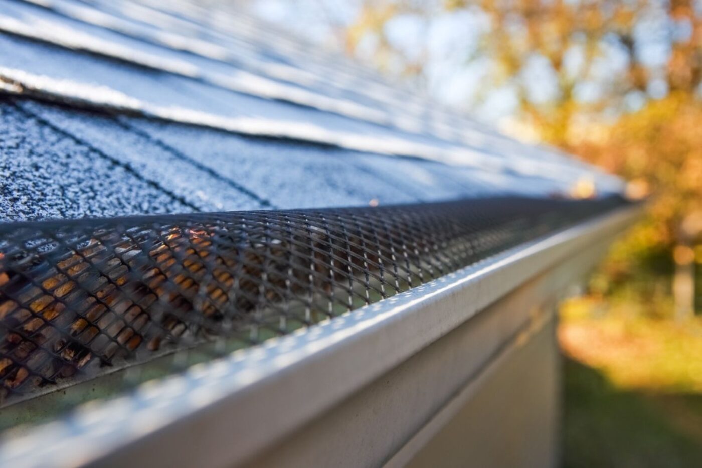 Close-up view of gutters with black mesh gutter guards-blurry golden leafed trees visible in distance