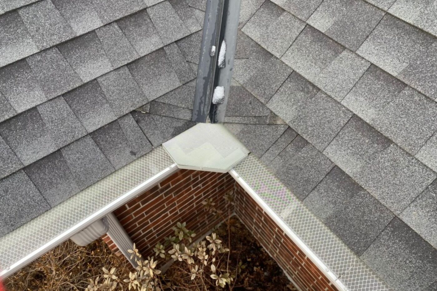 Top view of corner section of white mesh gutters between gray shingled roof and red brick wall-Gutter installation in Buckner MO